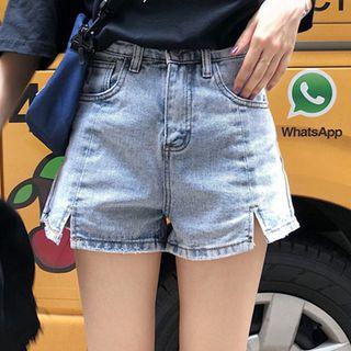 Slit-front Wide-leg Denim Shorts