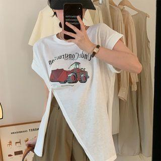 Short-sleeve Print Asymmetrical Slit T-shirt