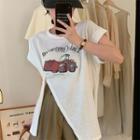 Short-sleeve Print Asymmetrical Slit T-shirt