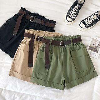 Plain Double-pocket High-waist Roll-up Shorts