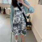 Long-sleeve Cutout Sheer T-shirt / Tie-dye Print A-line Mini Pinafore Dress