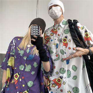Elbow-sleeve Rocket Print Shirt