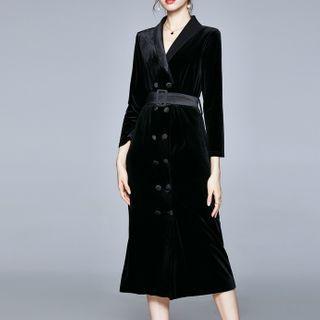 Double-breasted Long-sleeve Midi Sheath Velvet Dress