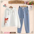 Fox Print Hoodie / Rabbit Embroidered Straight-cut Jeans / Set