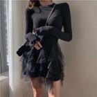 Plain Long-sleeve Slim-fit Mesh Dress Black - One Size