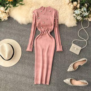 Button Detail Midi Ribbed Knit Dress