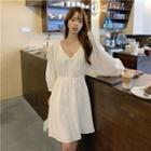 V-neck Puff-sleeve A-line Dress White - One Size