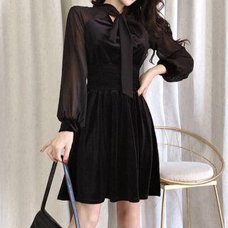 Long-sleeve Chiffon A-line Dress Black - One Size