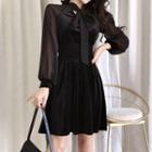 Long-sleeve Chiffon A-line Dress Black - One Size