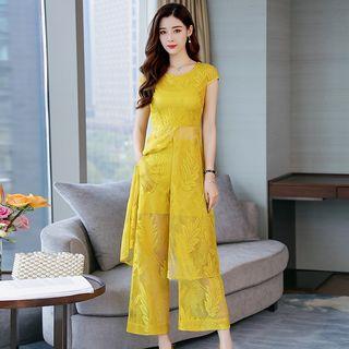 Set: Short-sleeve Long Lace Top + Lace Wide-leg Pants