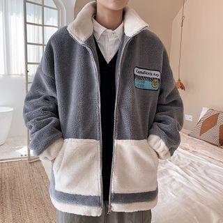 Long-sleeve Embroidered Color Block Faux Fur Jacket