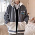 Long-sleeve Embroidered Color Block Faux Fur Jacket