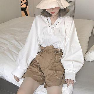 Lace Up Long-sleeve Blouse / Shorts