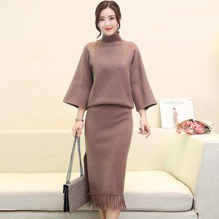 Set: Turtleneck 3/4-sleeve Knit Top + Fringed-hem Midi Knit Skirt
