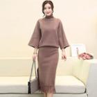 Set: Turtleneck 3/4-sleeve Knit Top + Fringed-hem Midi Knit Skirt