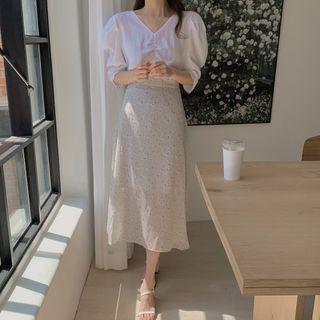 Elbow-sleeve Chiffon Blouse / Midi A-line Skirt
