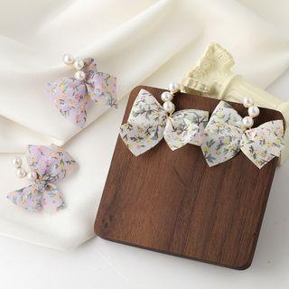 Bow Floral Print Faux Pearl Dangle Earring