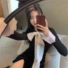 Details Ribbon-neckline Slim-fit Top Black - One Size
