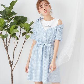 Mock Two-piece Short-sleeve Dress Blue - One Size