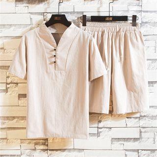 Set: Short-sleeve Placket Top + Shorts