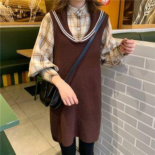 Puff-sleeve Plaid Shirt / Contrast Trim Long Knit Vest