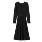 Long-sleeve V-neck Knit Midi A-line Dress Black - One Size