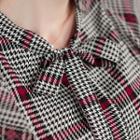 Tie-neck Ruffle-trim Houndstooth Top Wine Red - One Size