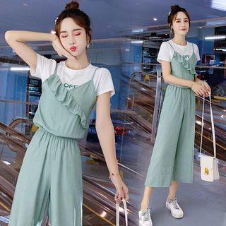 Set: Lettering Short-sleeve T-shirt + Wide-leg Jumper Pants