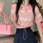 High-waist Plain Pleated Mini Skirt / Short-sleeve V-neck Striped Lace-up Drawstring Cropped Top