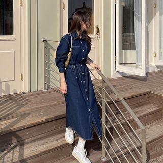 Tie-waist Denim Long Shirtdress
