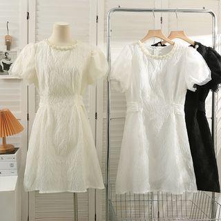 Embossed Mesh-sleeve Slim Mini Dress