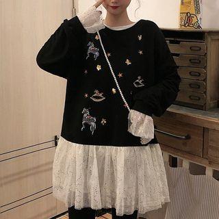 Horse Embroidered Lace Panel Pullover