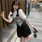 Puff-sleeve Blouse / Gingham Vest / Pleated Mini A-line Skirt