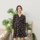 Wrap-front Tie-waist Floral Dress Black - One Size