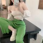Set:off-shoulder Puff Long Sleeve/ Elastic Waist Plain Slit Pants