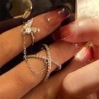 Butterfly Rhinestone Chained Double Ring Silver - One Size