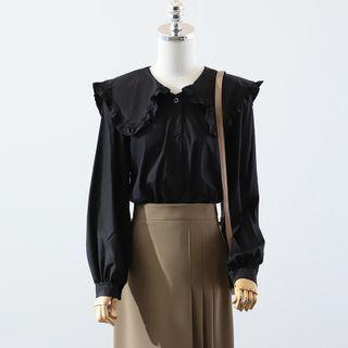 Ruffle Trim Collar Blouse / Pleated Midi A-line Skirt