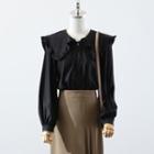 Ruffle Trim Collar Blouse / Pleated Midi A-line Skirt