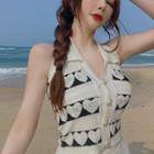 Halter-neck Heart Print Polo Knit Top White - One Size