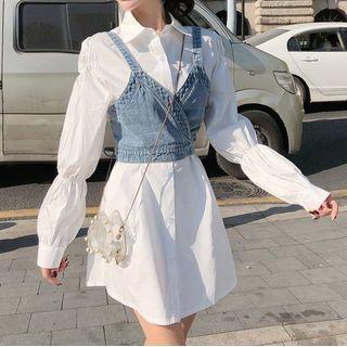 Set: Puff-sleeve Long Shirt + Sleeveless Denim Top