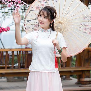 Floral Embroidered Mandarin Collar Short-sleeve Top