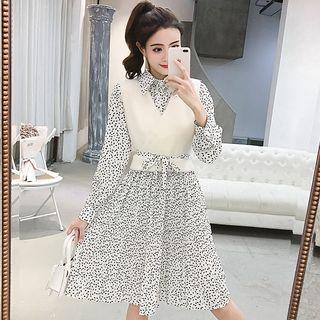 Long-sleeve Print Midi Dress / Vest / Set