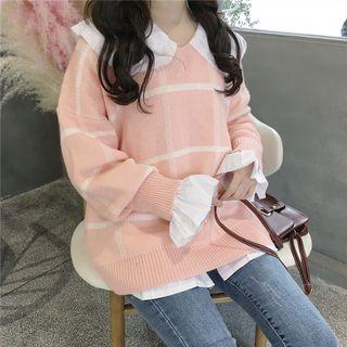 Set : Plaid V-neck Long-sleeve Knit Top + Bell-sleeve Blouse