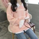Set : Plaid V-neck Long-sleeve Knit Top + Bell-sleeve Blouse