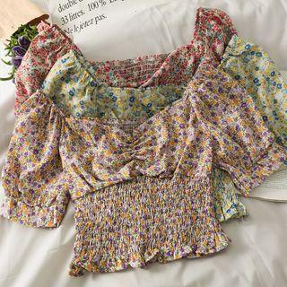 Boatneck Smocked-waist Floral Crop Top In 6 Colors