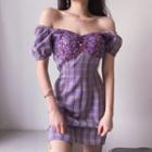 Sequined Plaid Off-shoulder Mini Sheath Dress