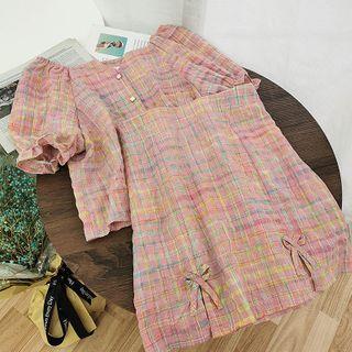 Set: Plaid Blouse + High-waist Skirt