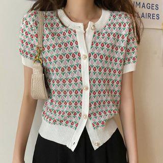 Short-sleeve Jacquard Cardigan Floral - White - One Size