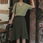 Plain Loose-fit Short-sleeve Shirt / Irregular Skirt