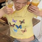 Lettuce Edge Short-sleeve Butterfly Print Cropped T-shirt